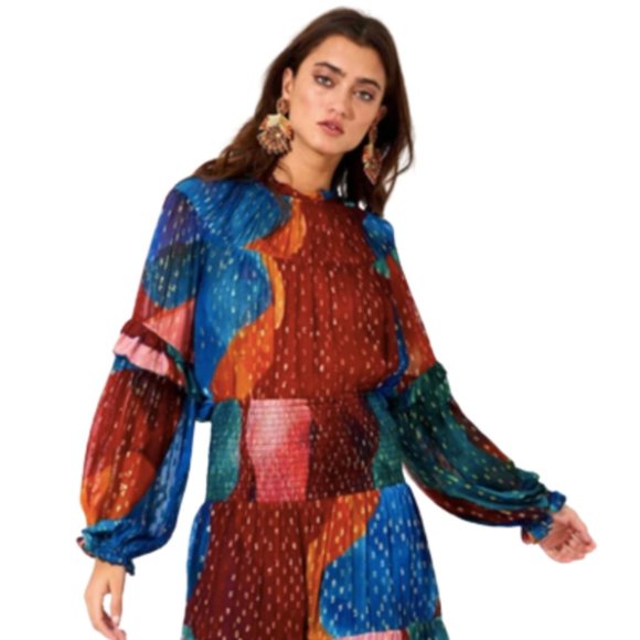 Oliphant Tops - Oliphant Ruffle Sleeve Top Shirt Womens Small Blue Pink Orange Mock Color Block